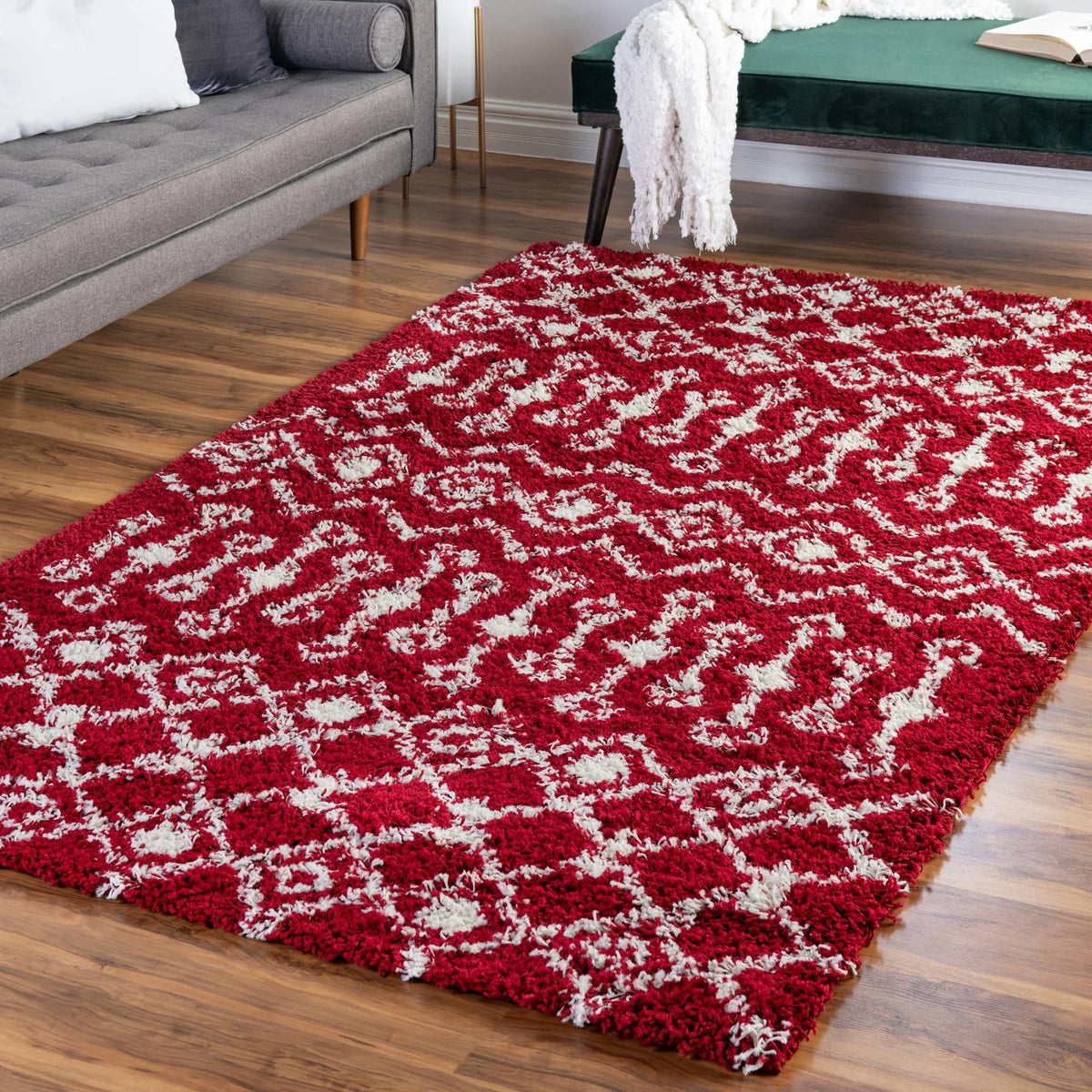 Berber Lattice Shag Collection Area Rug - Atlas (Burgundy Red) Rectangle Burgundy Red  lifestyle 13