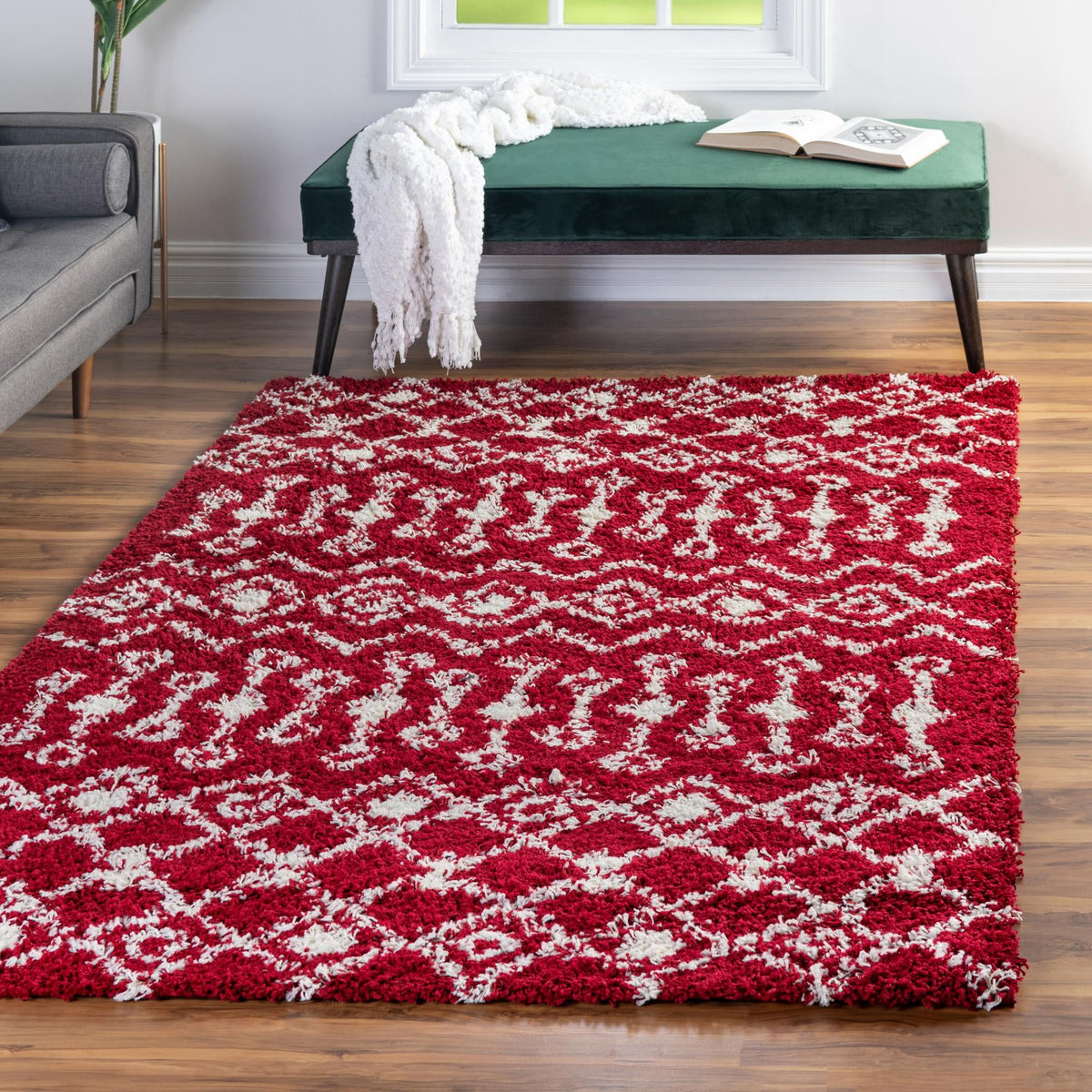 Berber Lattice Shag Collection Area Rug - Atlas (Burgundy Red) Rectangle Burgundy Red  lifestyle 14