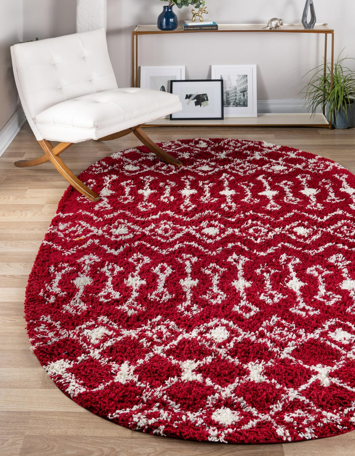 Berber Lattice Shag Collection Area Rug - Atlas (Burgundy Red) Oval Burgundy Red  lifestyle 0