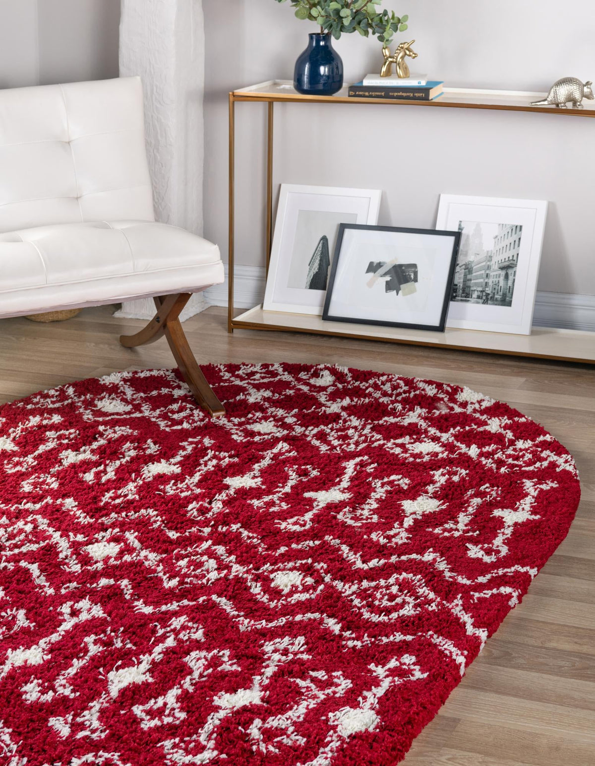 Berber Lattice Shag Collection Area Rug - Atlas (Burgundy Red) Oval Burgundy Red  lifestyle 2