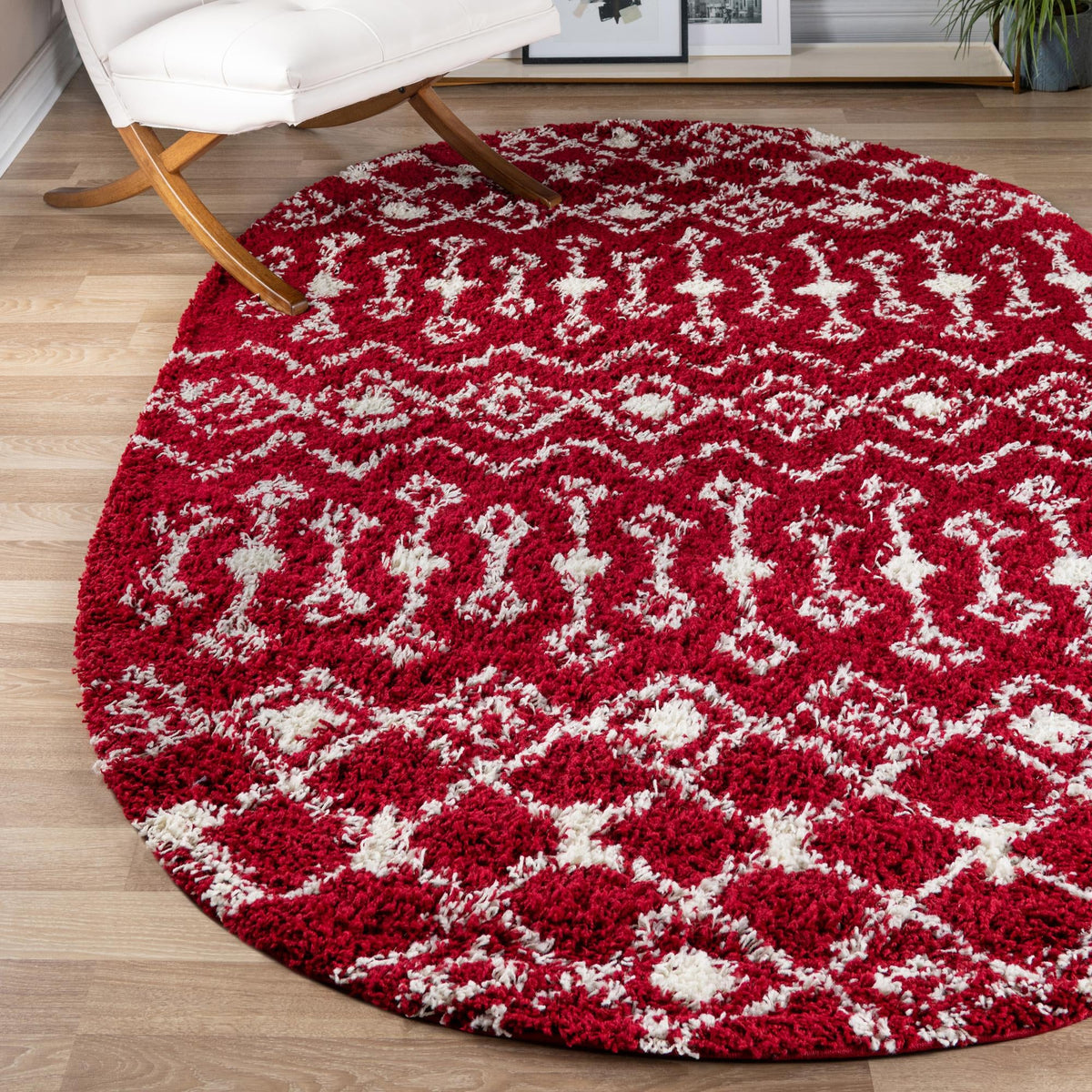 Berber Lattice Shag Collection Area Rug - Atlas (Burgundy Red) Oval Burgundy Red  lifestyle 15