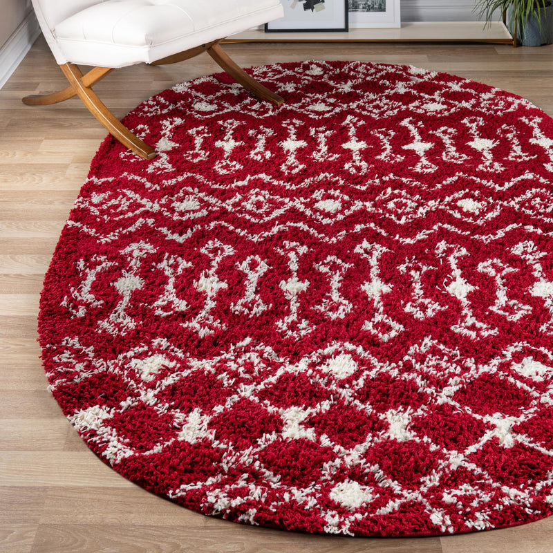 Berber Lattice Shag Collection Area Rug - Atlas (Burgundy Red) Oval Burgundy Red  lifestyle 15