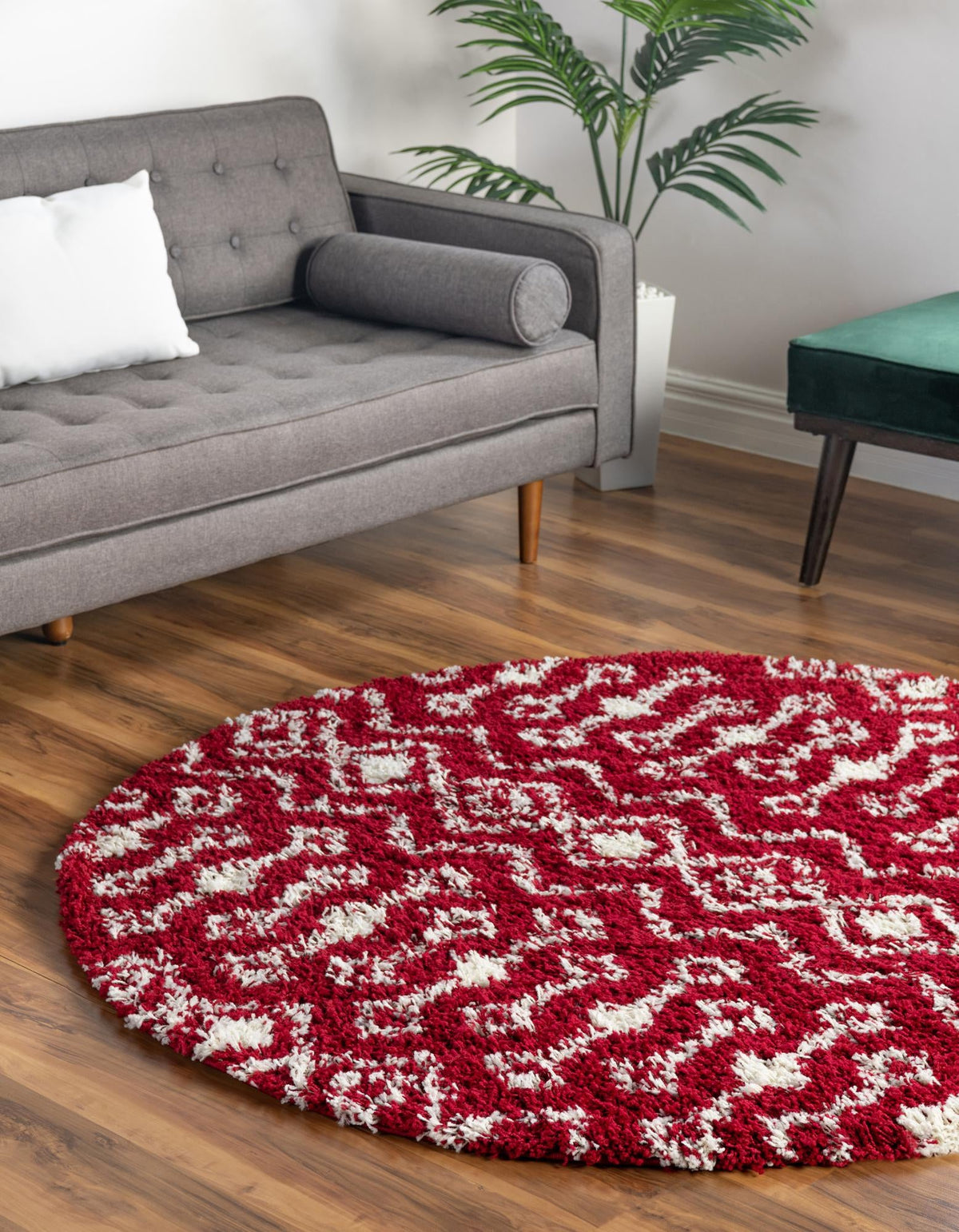 Berber Lattice Shag Collection Area Rug - Atlas (Burgundy Red) Round Burgundy Red  lifestyle 0