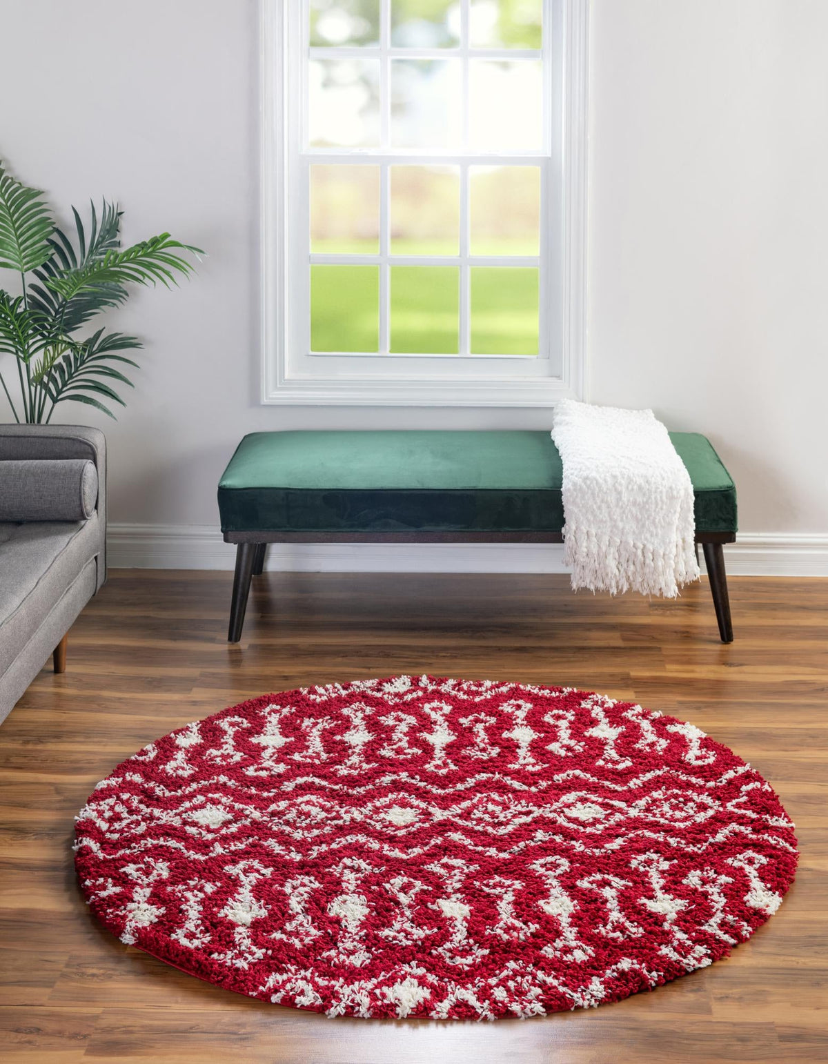 Berber Lattice Shag Collection Area Rug - Atlas (Burgundy Red) Round Burgundy Red  lifestyle 2