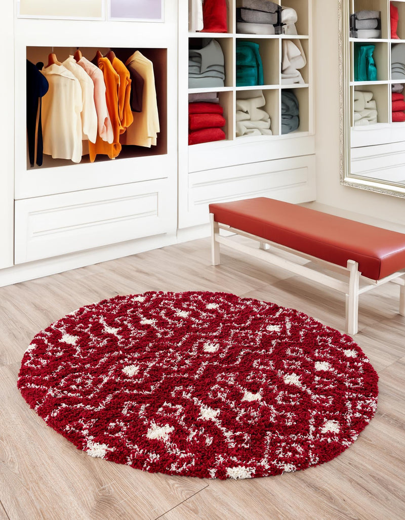 Berber Lattice Shag Collection Area Rug - Atlas (Burgundy Red) Round Burgundy Red  lifestyle 20
