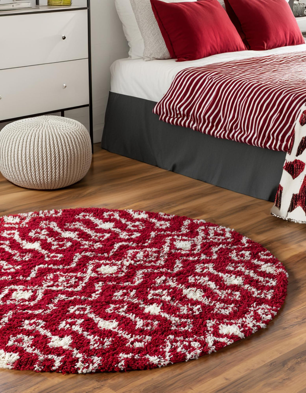 Berber Lattice Shag Collection Area Rug - Atlas (Burgundy Red) Round Burgundy Red  lifestyle 21