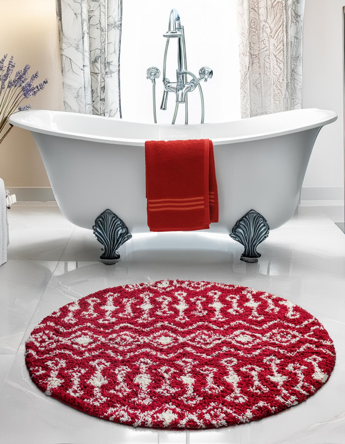 Berber Lattice Shag Collection Area Rug - Atlas (Burgundy Red) Round Burgundy Red  lifestyle 22