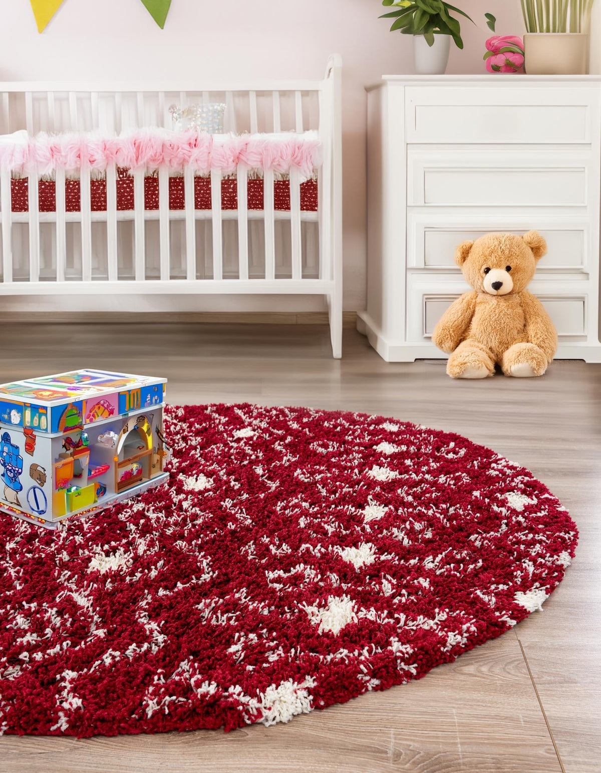 Berber Lattice Shag Collection Area Rug - Atlas (Burgundy Red) Round Burgundy Red  lifestyle 23
