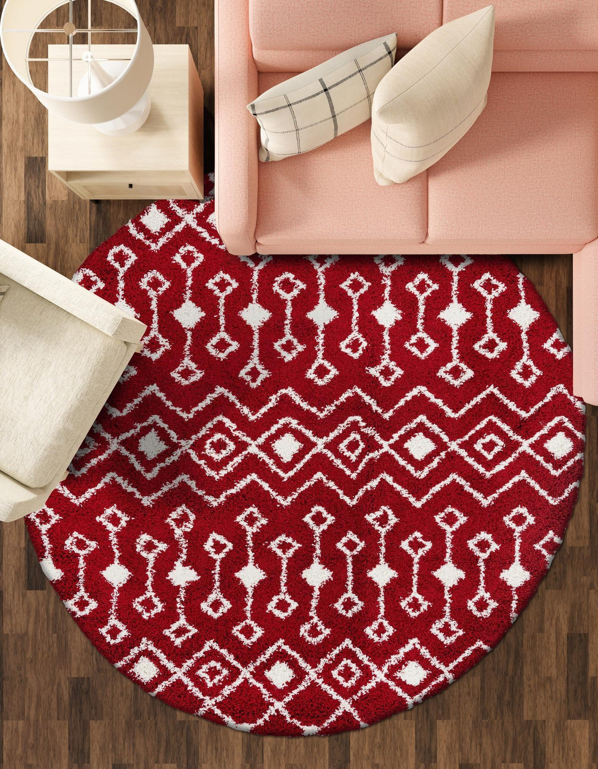 Berber Lattice Shag Collection Area Rug - Atlas (Burgundy Red) Round Burgundy Red  lifestyle 55