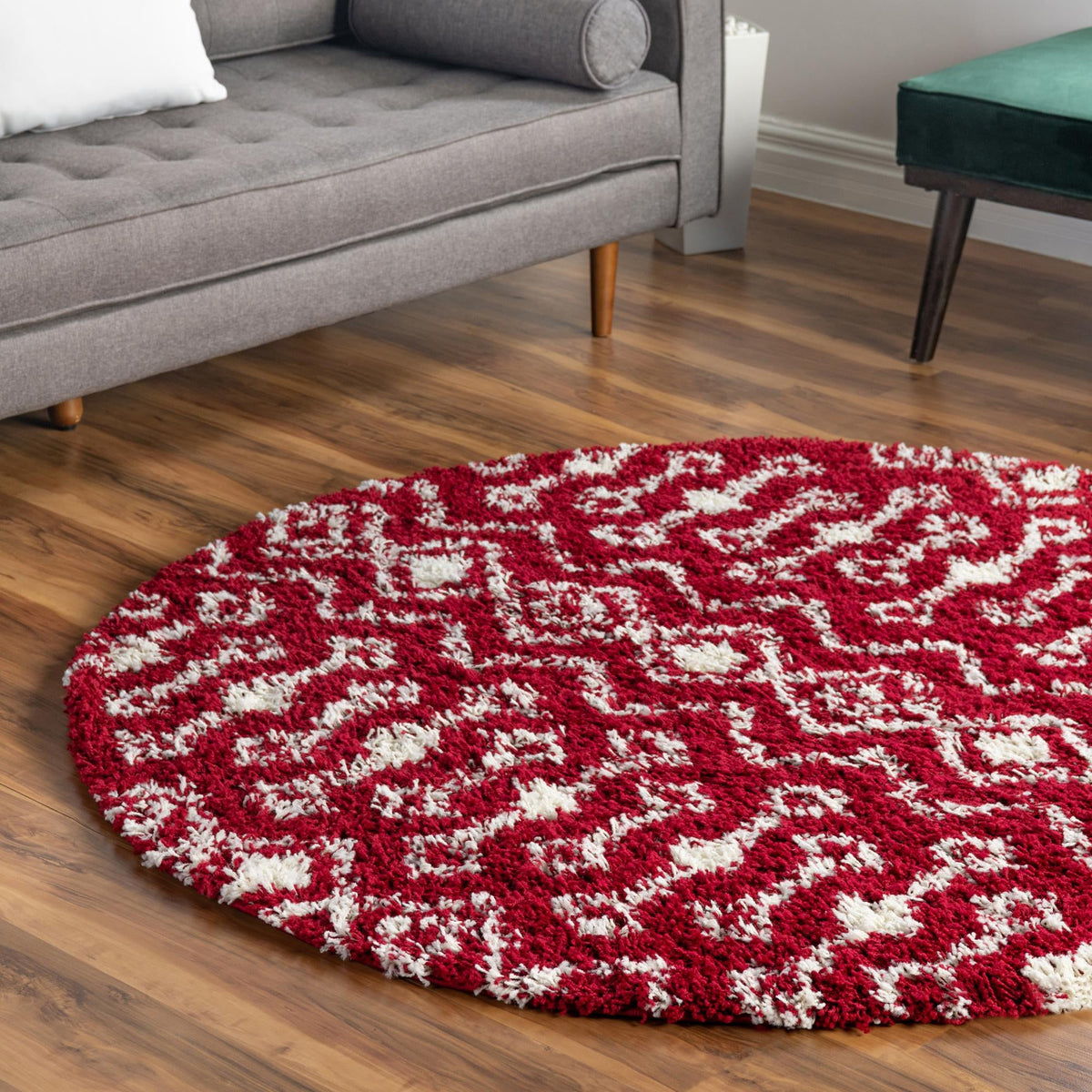 Berber Lattice Shag Collection Area Rug - Atlas (Burgundy Red) Round Burgundy Red  lifestyle 15