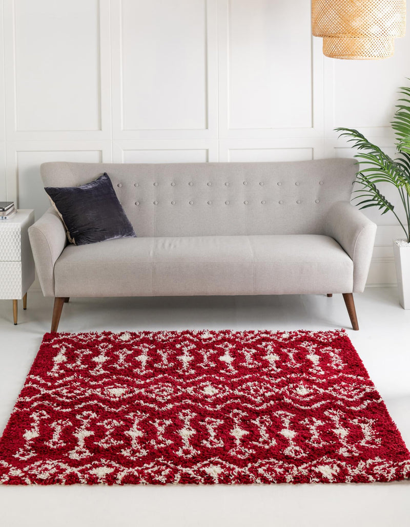 Berber Lattice Shag Collection Area Rug - Atlas (Burgundy Red) Square Burgundy Red  lifestyle 2