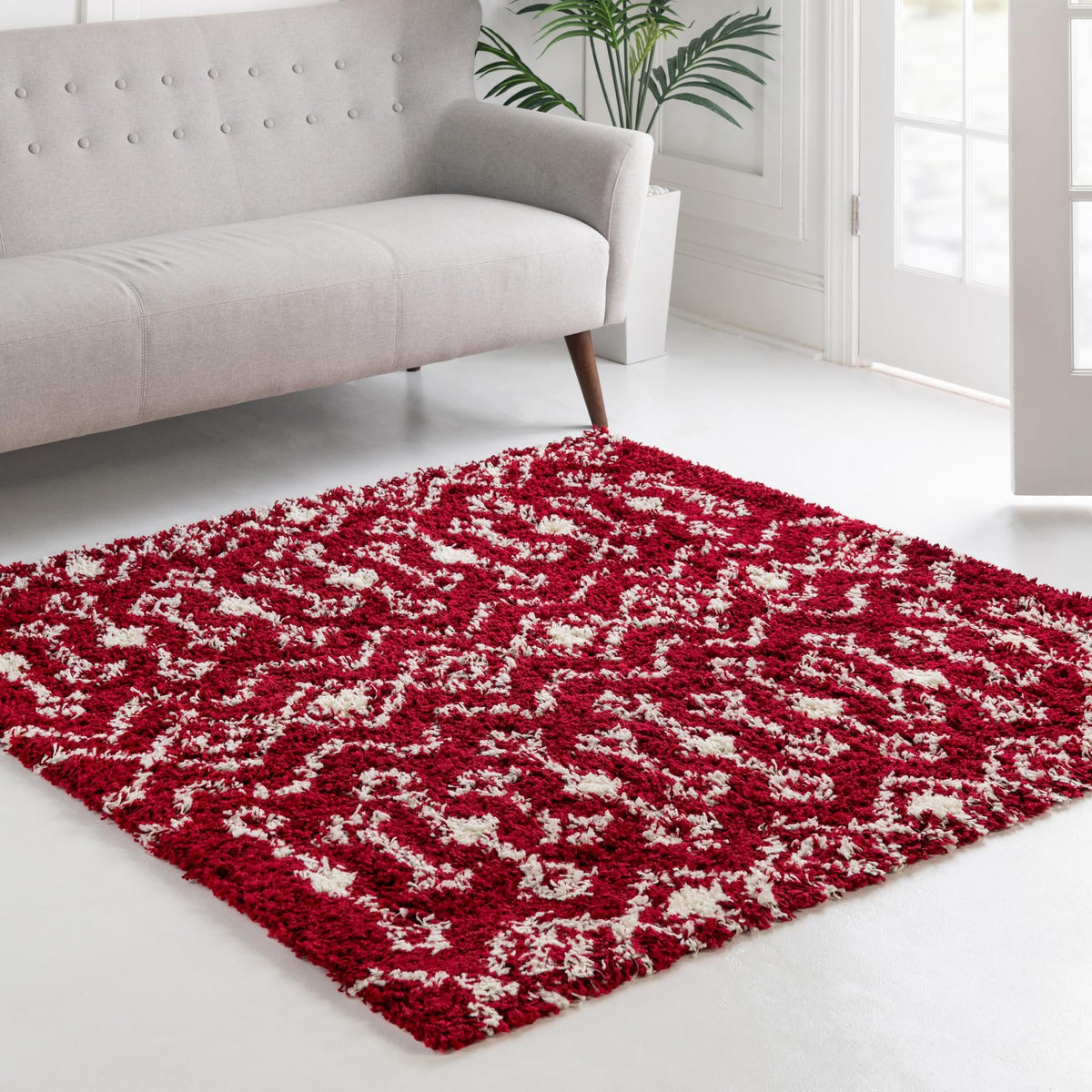 Berber Lattice Shag Collection Area Rug - Atlas (Burgundy Red) Square Burgundy Red  lifestyle 13