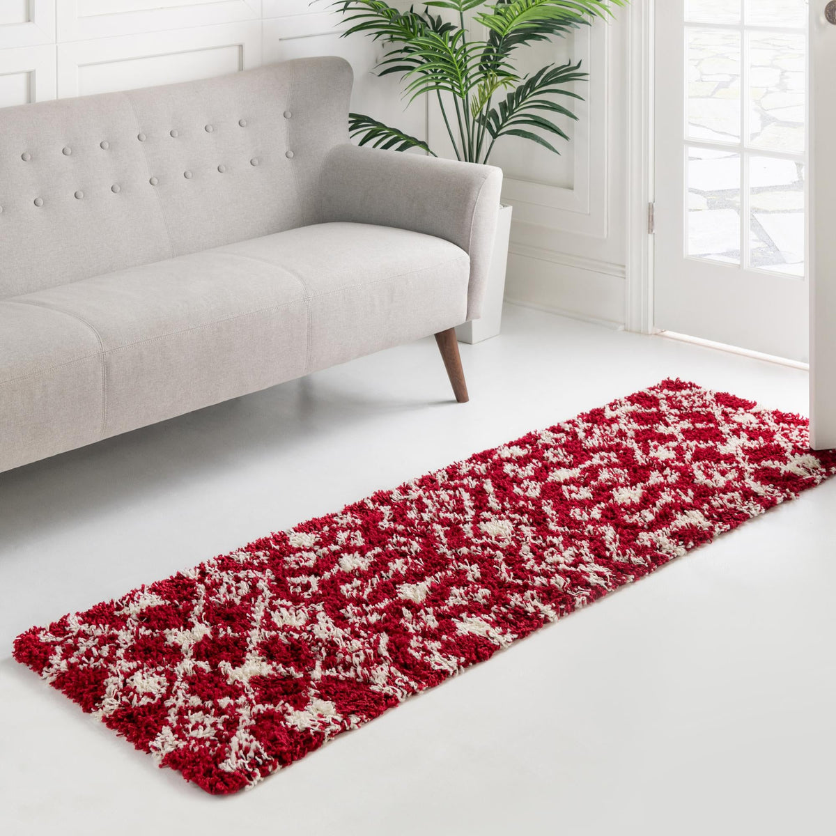 Berber Lattice Shag Collection Area Rug - Atlas (Burgundy Red) Runner Burgundy Red  lifestyle 13
