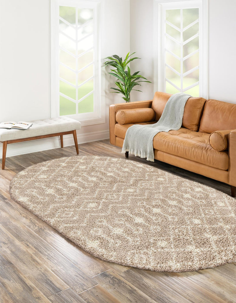 Berber Lattice Shag Collection Area Rug - Atlas (Light Brown) Oval Light Brown  lifestyle 21