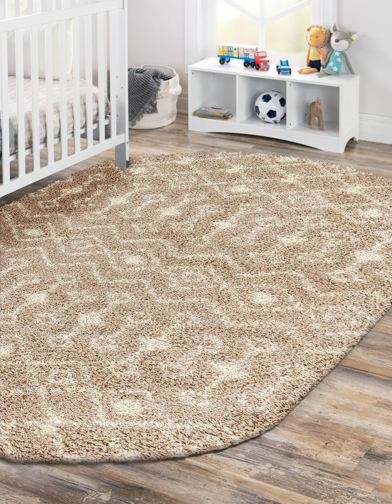 Berber Lattice Shag Collection Area Rug - Atlas (Light Brown) Oval Light Brown  lifestyle 23