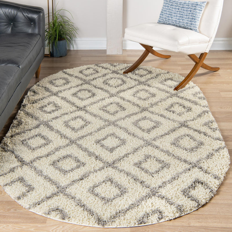 Lattice Loft Shag Collection Area Rug - Soho (Ivory) Oval Ivory  lifestyle 13