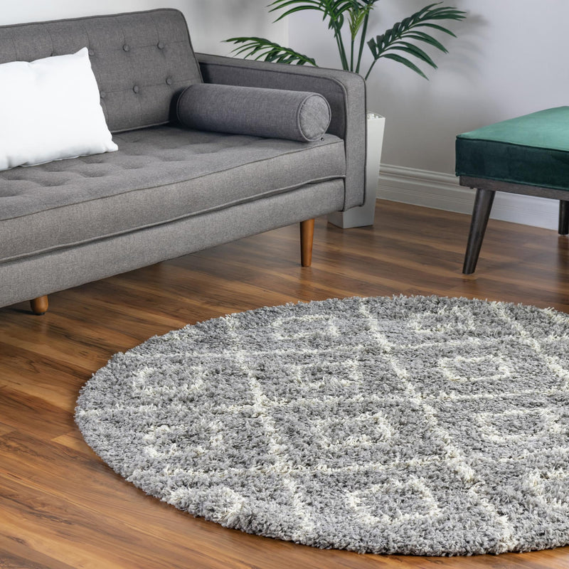 Lattice Loft Shag Collection Area Rug - Soho (Gray) Round Gray  lifestyle 13