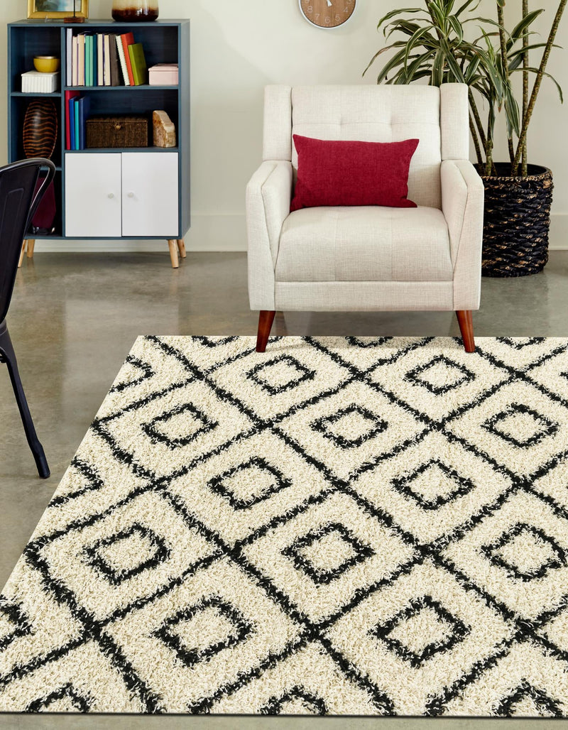 Lattice Loft Shag Collection Area Rug - Soho (White and Black) Rectangle White and Black  lifestyle 7