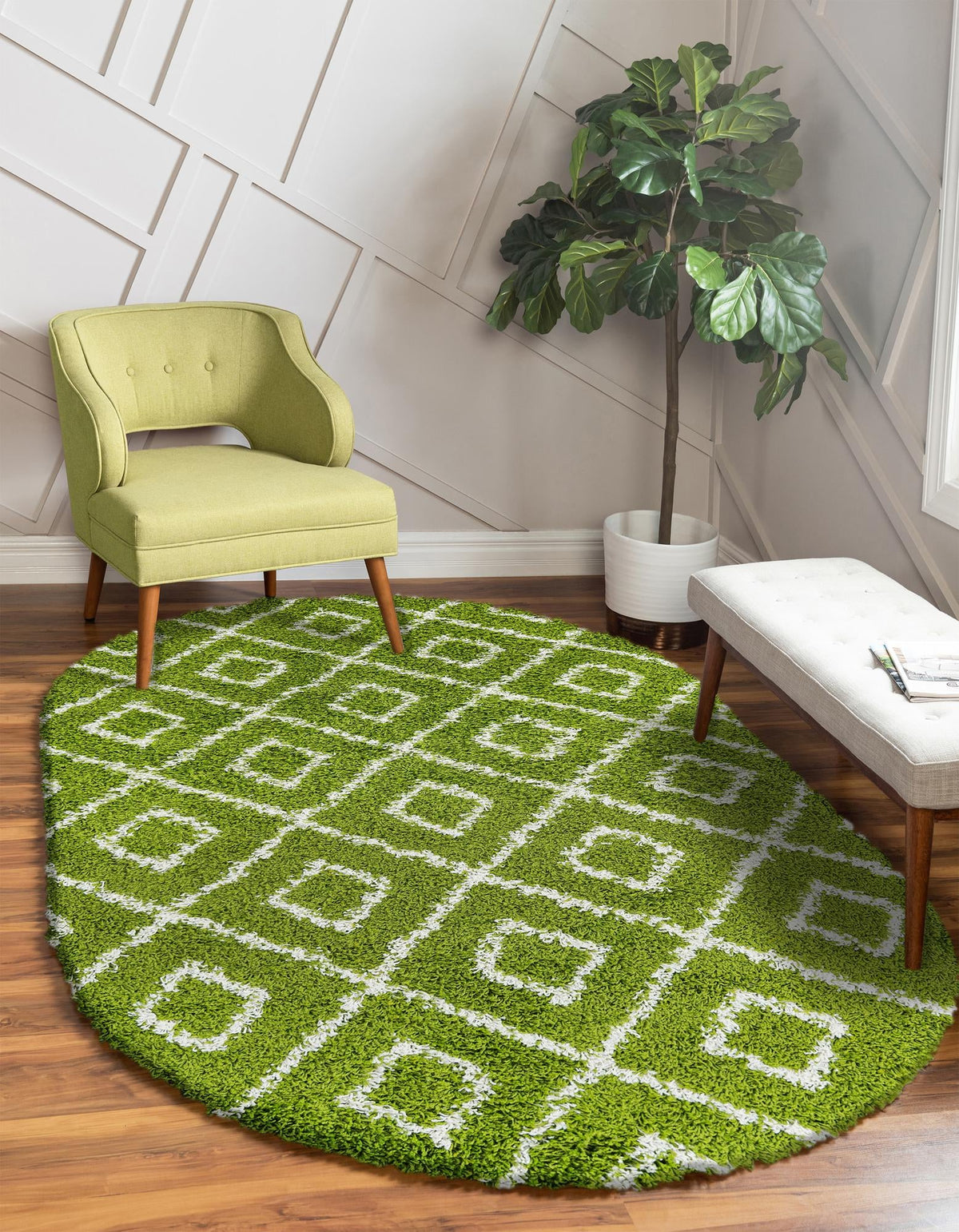 Lattice Loft Shag Collection Area Rug - Soho (Green) Oval Green  lifestyle 25