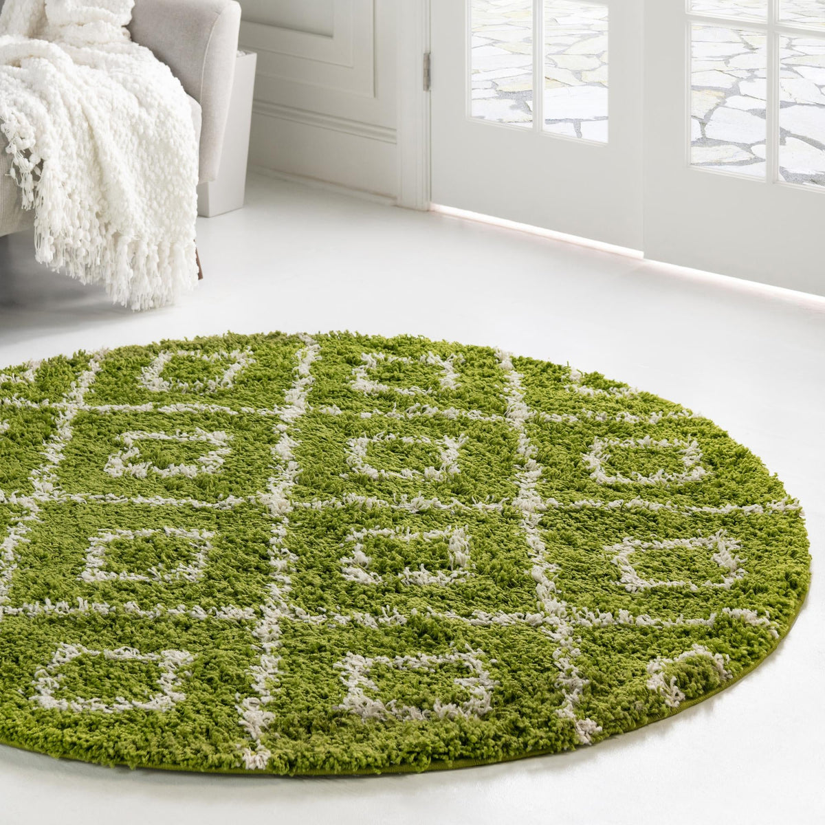 Lattice Loft Shag Collection Area Rug - Soho (Green) Round Green  lifestyle 11