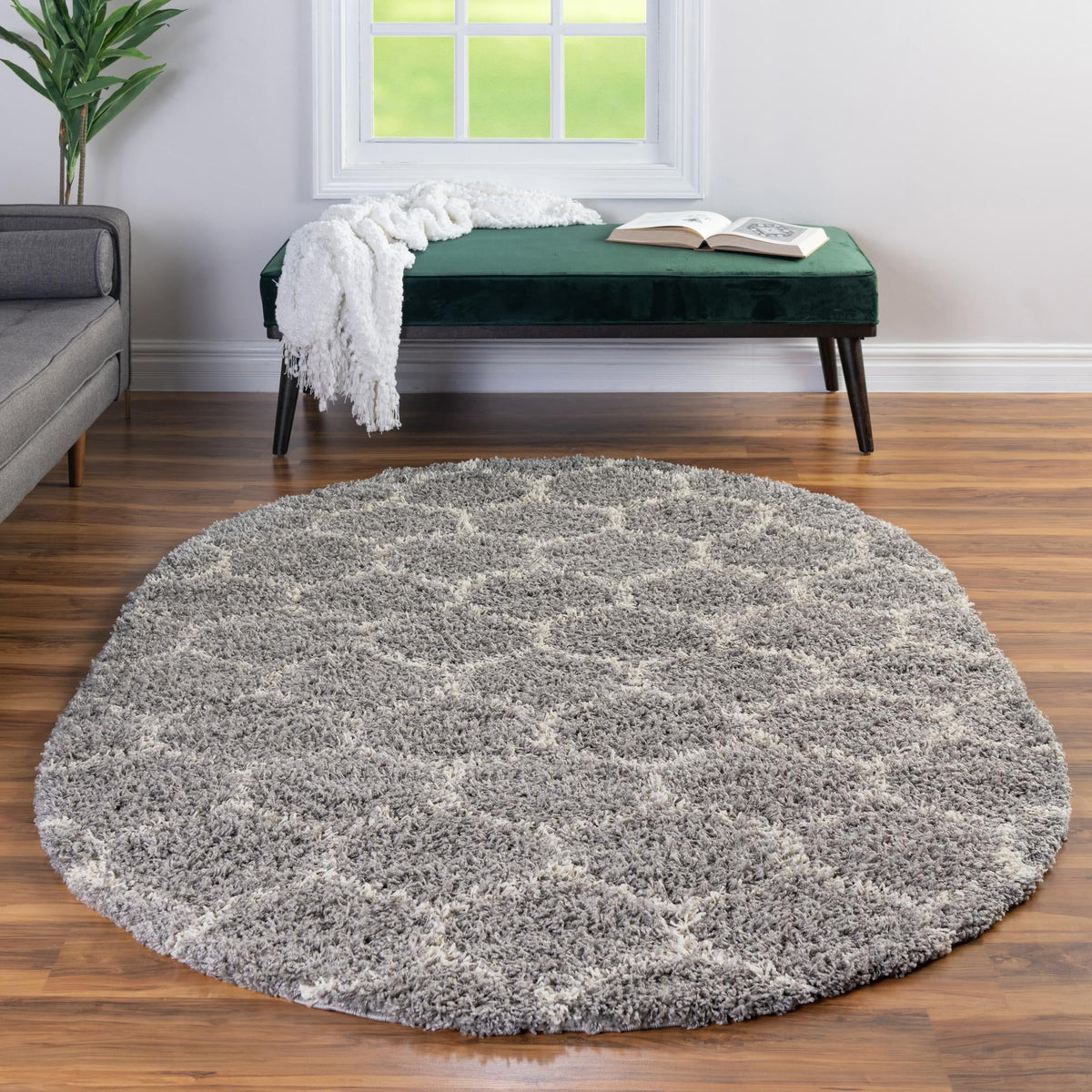 Lattice Loft Shag Collection Area Rug - Chelsea (Gray) Oval Gray  lifestyle 14