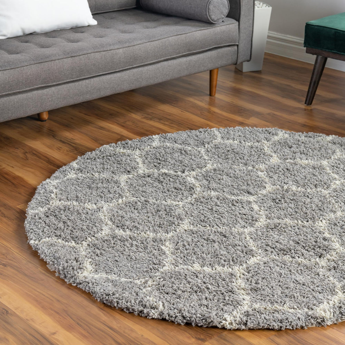 Lattice Loft Shag Collection Area Rug - Chelsea (Gray) Round Gray  lifestyle 13