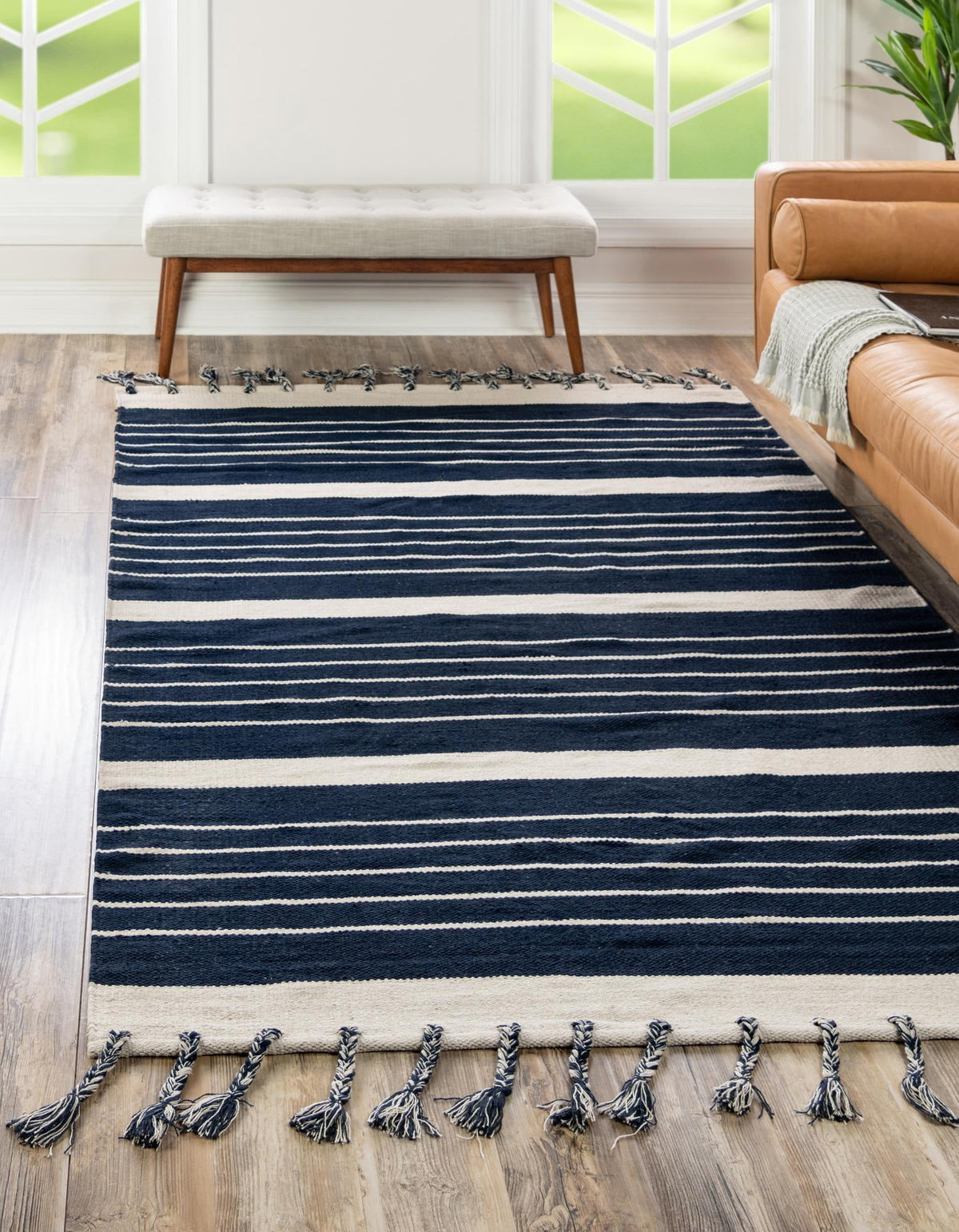 Thar Cotton Collection Area Rug - Borsh Rectangle Navy and White  lifestyle 3