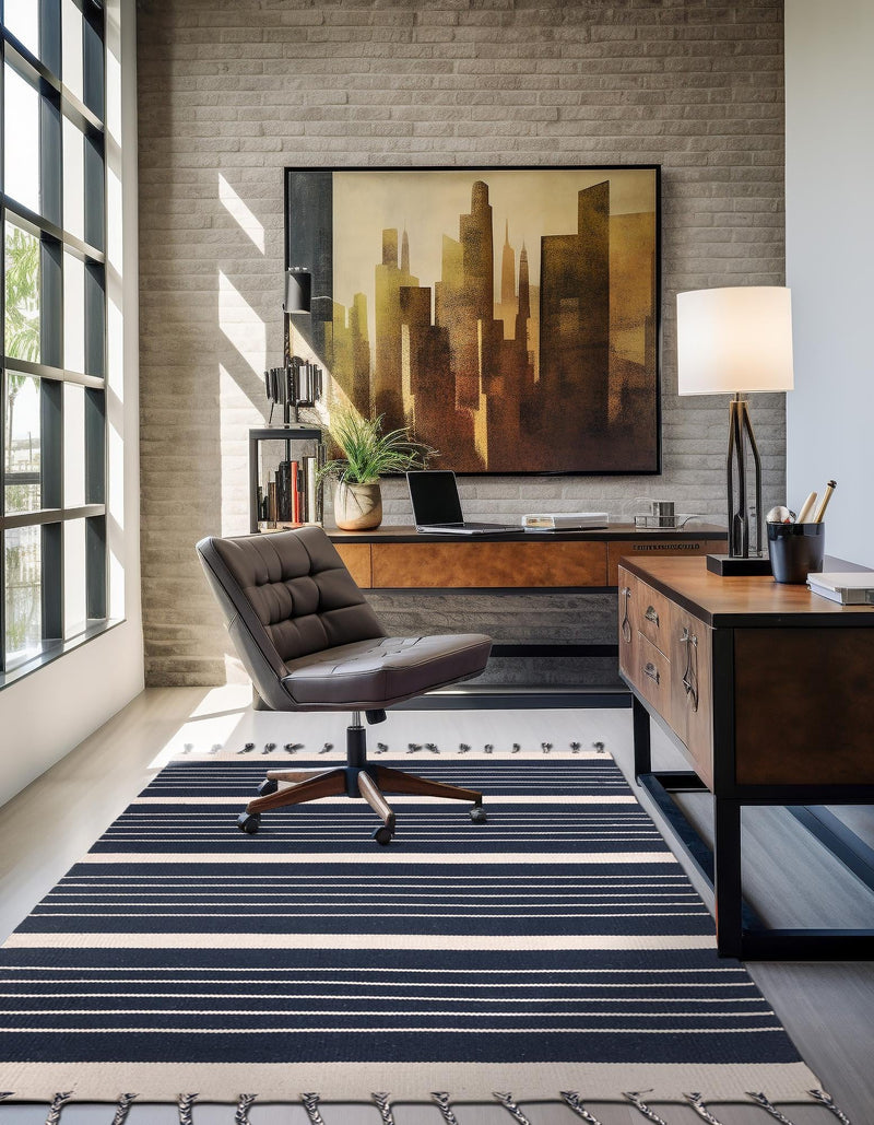 Thar Cotton Collection Area Rug - Borsh Rectangle Navy and White  lifestyle 35