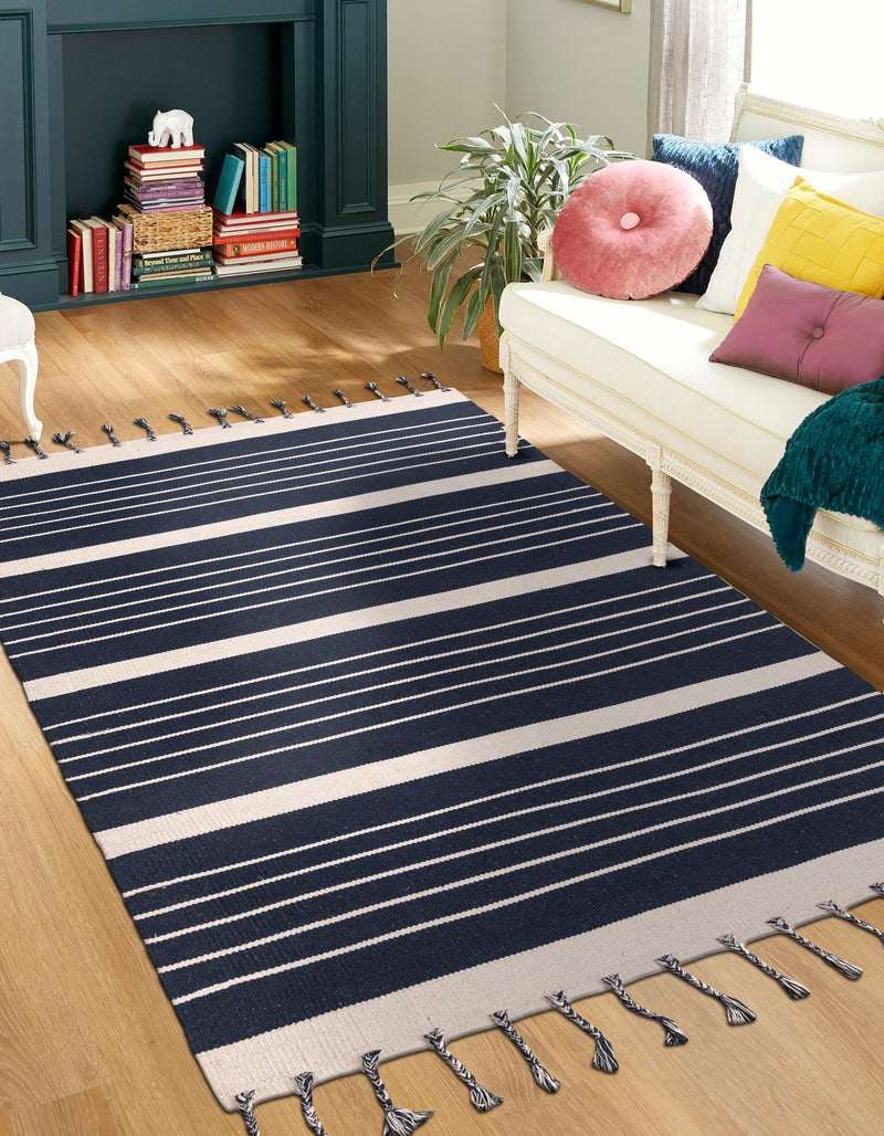 Thar Cotton Collection Area Rug - Borsh Rectangle Navy and White  lifestyle 75