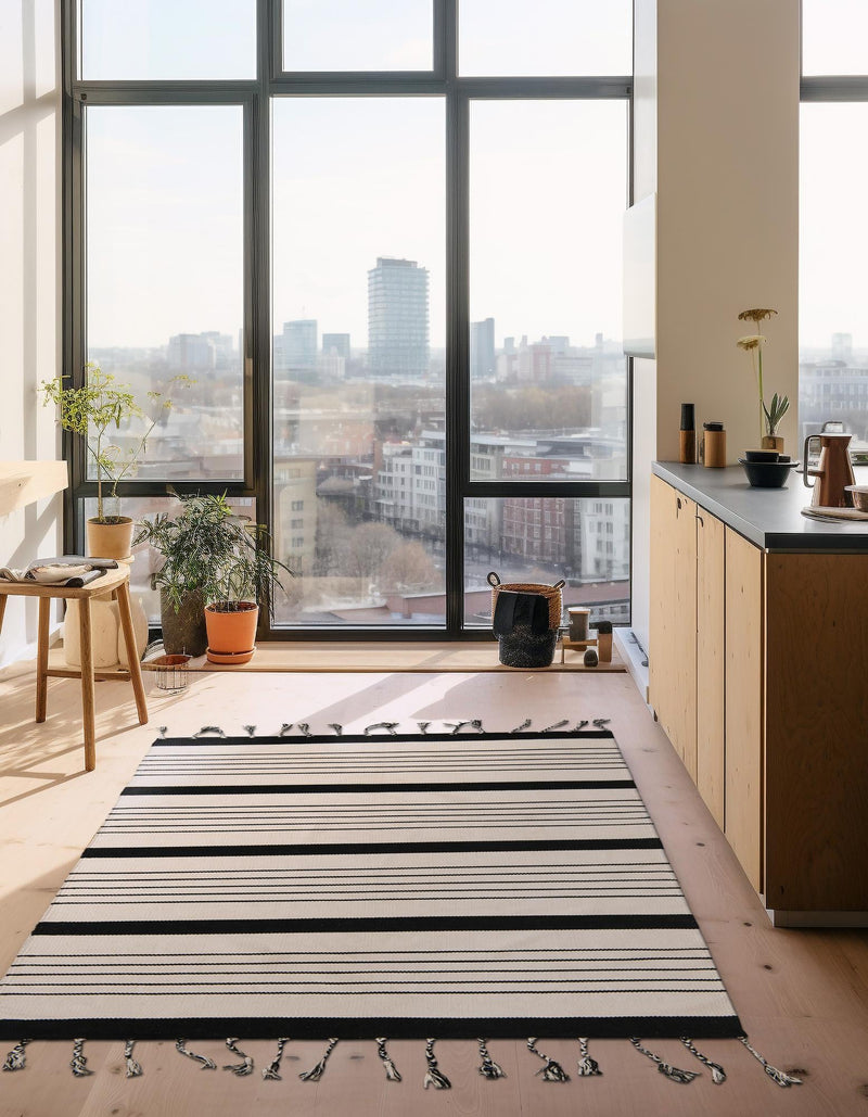 Thar Cotton Collection Area Rug - Borsh Rectangle Black and White  lifestyle 44