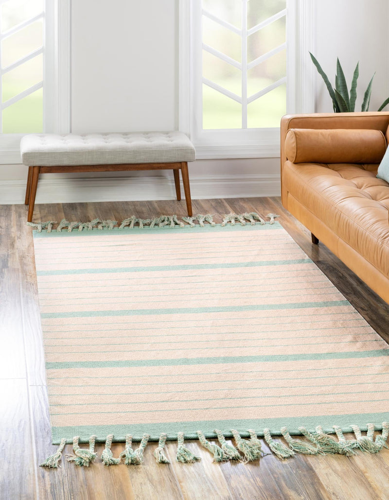 Thar Cotton Collection Area Rug - Borsh Rectangle White and Aqua  lifestyle 6