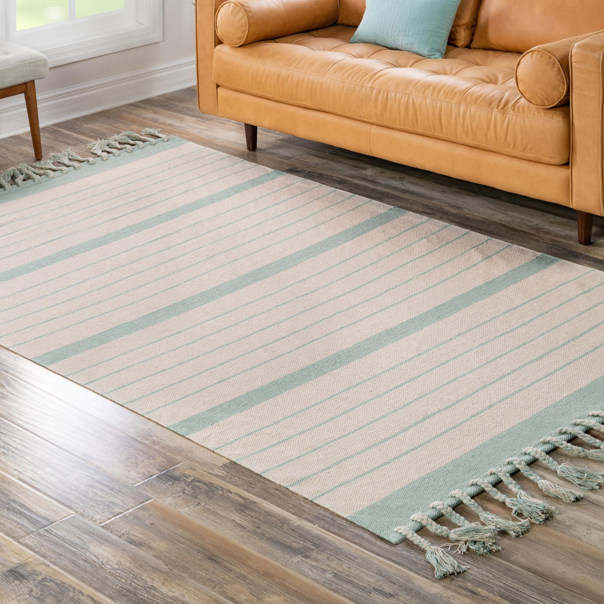Thar Cotton Collection Area Rug - Borsh Rectangle White and Aqua  lifestyle 175