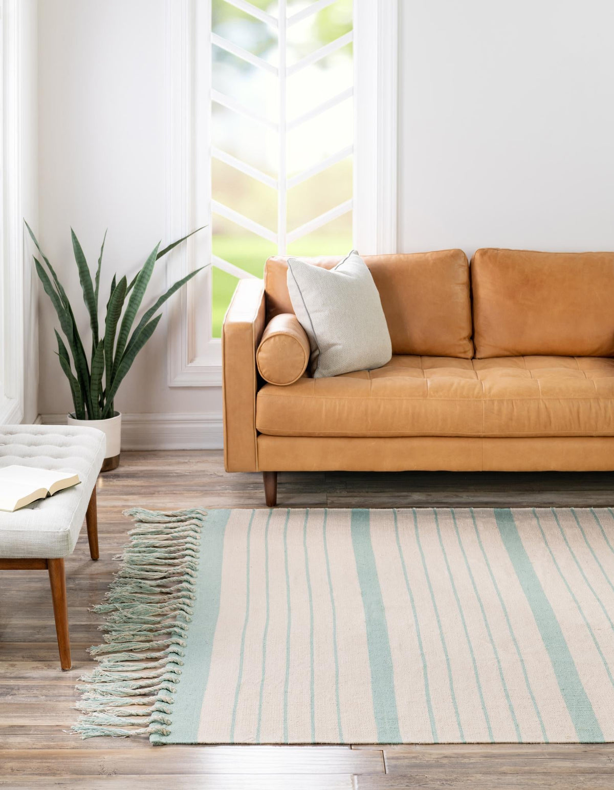 Thar Cotton Collection Area Rug - Borsh Square White and Aqua  lifestyle 186