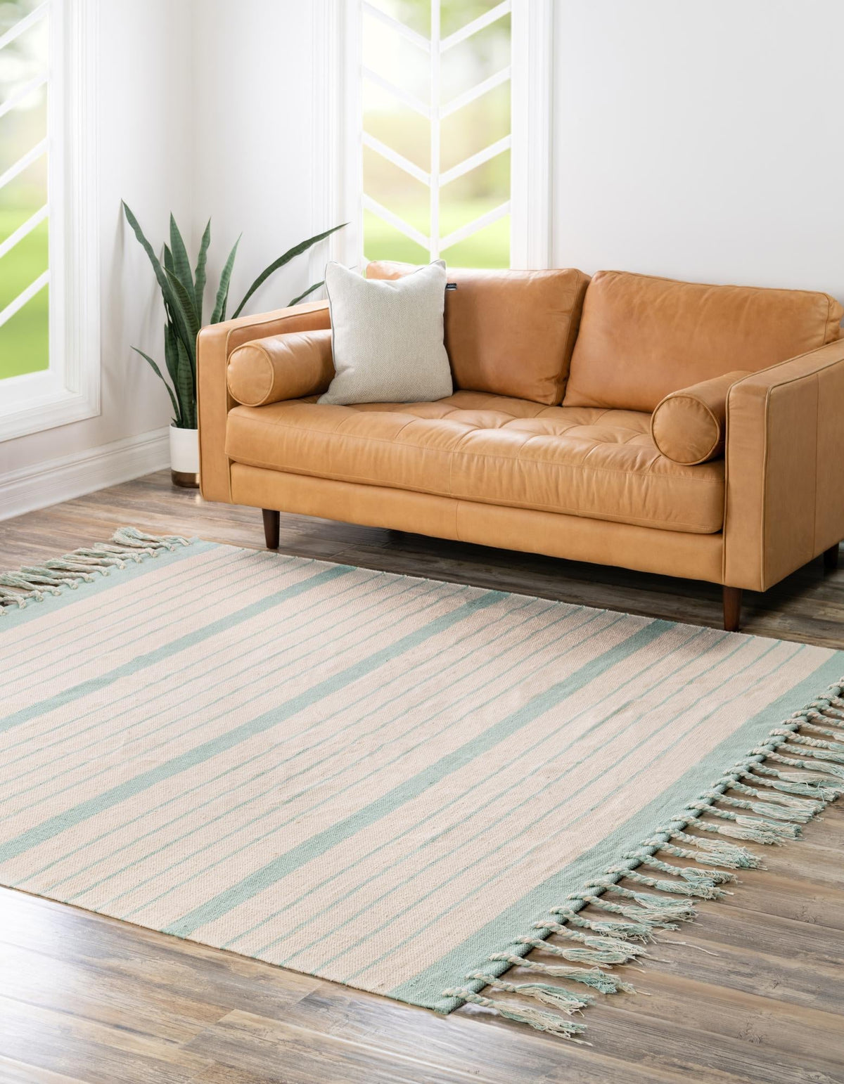 Thar Cotton Collection Area Rug - Borsh Square White and Aqua  lifestyle 201