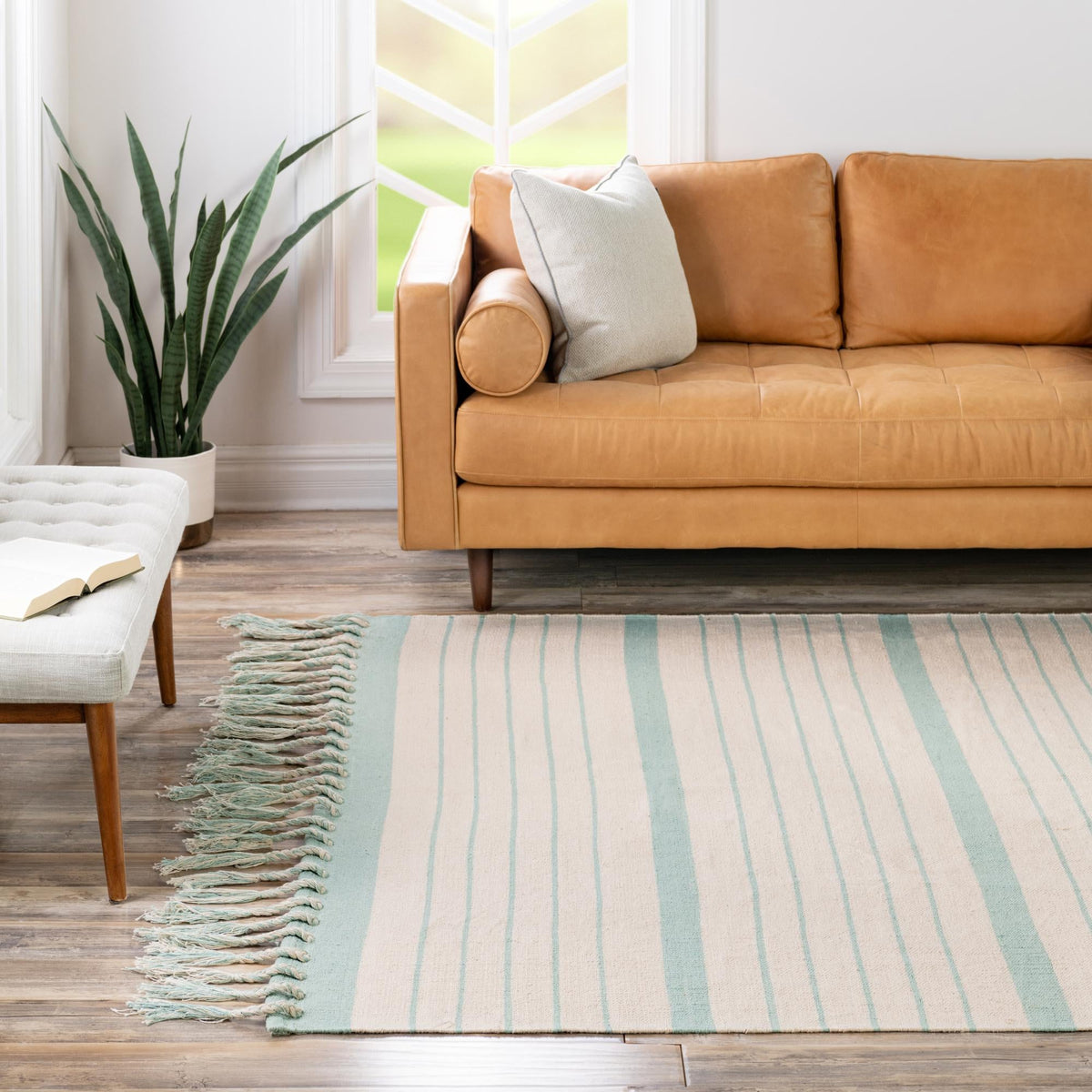 Thar Cotton Collection Area Rug - Borsh Square White and Aqua  lifestyle 233