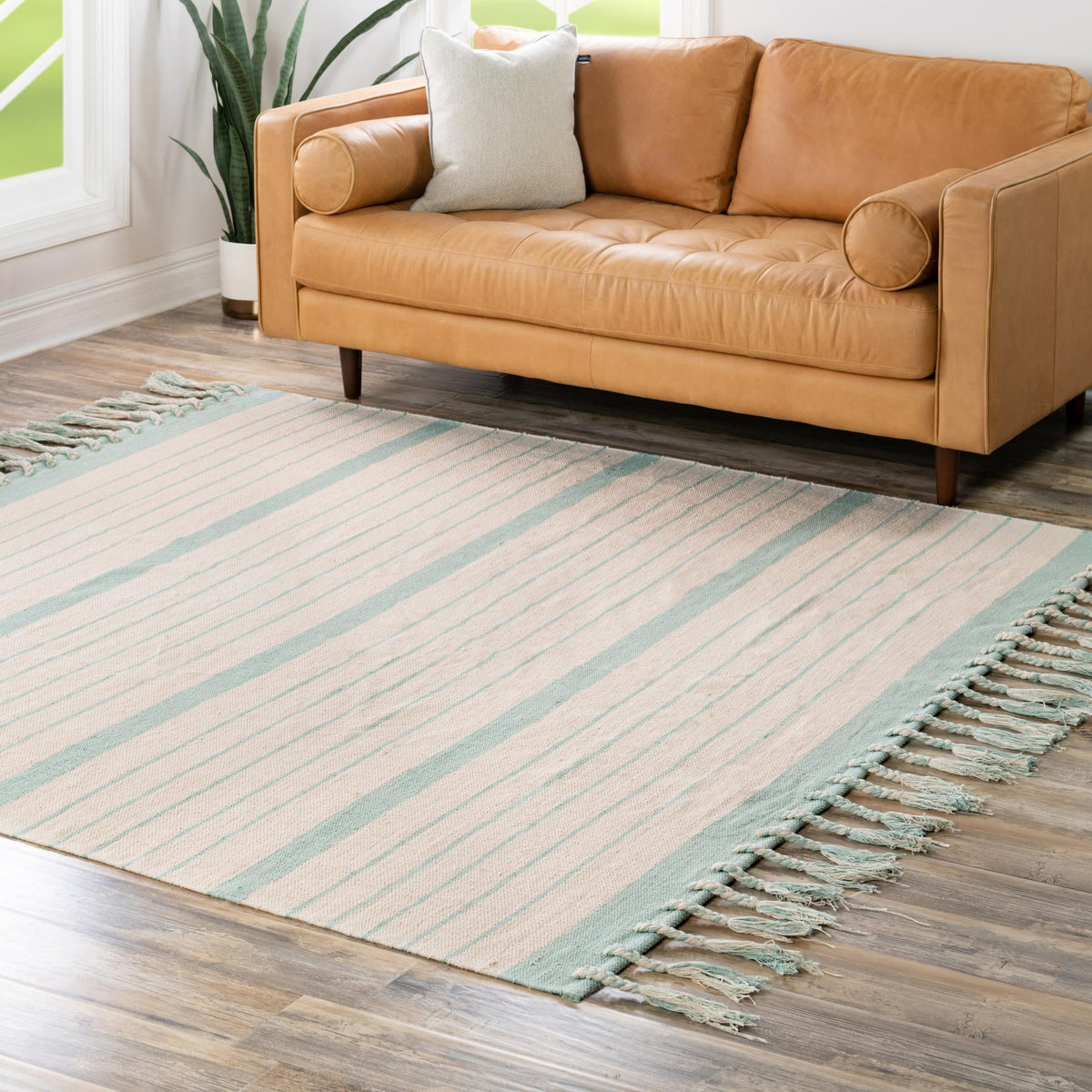 Thar Cotton Collection Area Rug - Borsh Square White and Aqua  lifestyle 248