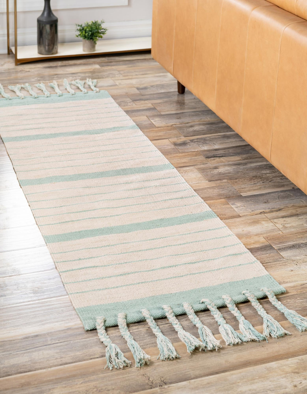 Thar Cotton Collection Area Rug - Borsh Runner White and Aqua  lifestyle 202