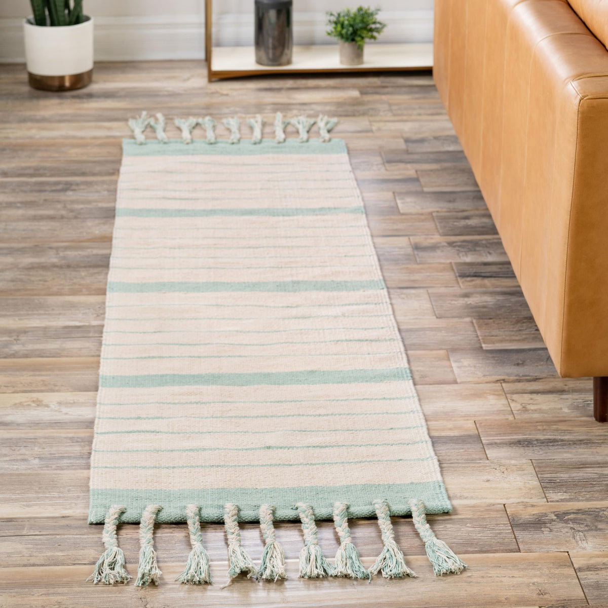 Thar Cotton Collection Area Rug - Borsh Runner White and Aqua  lifestyle 234