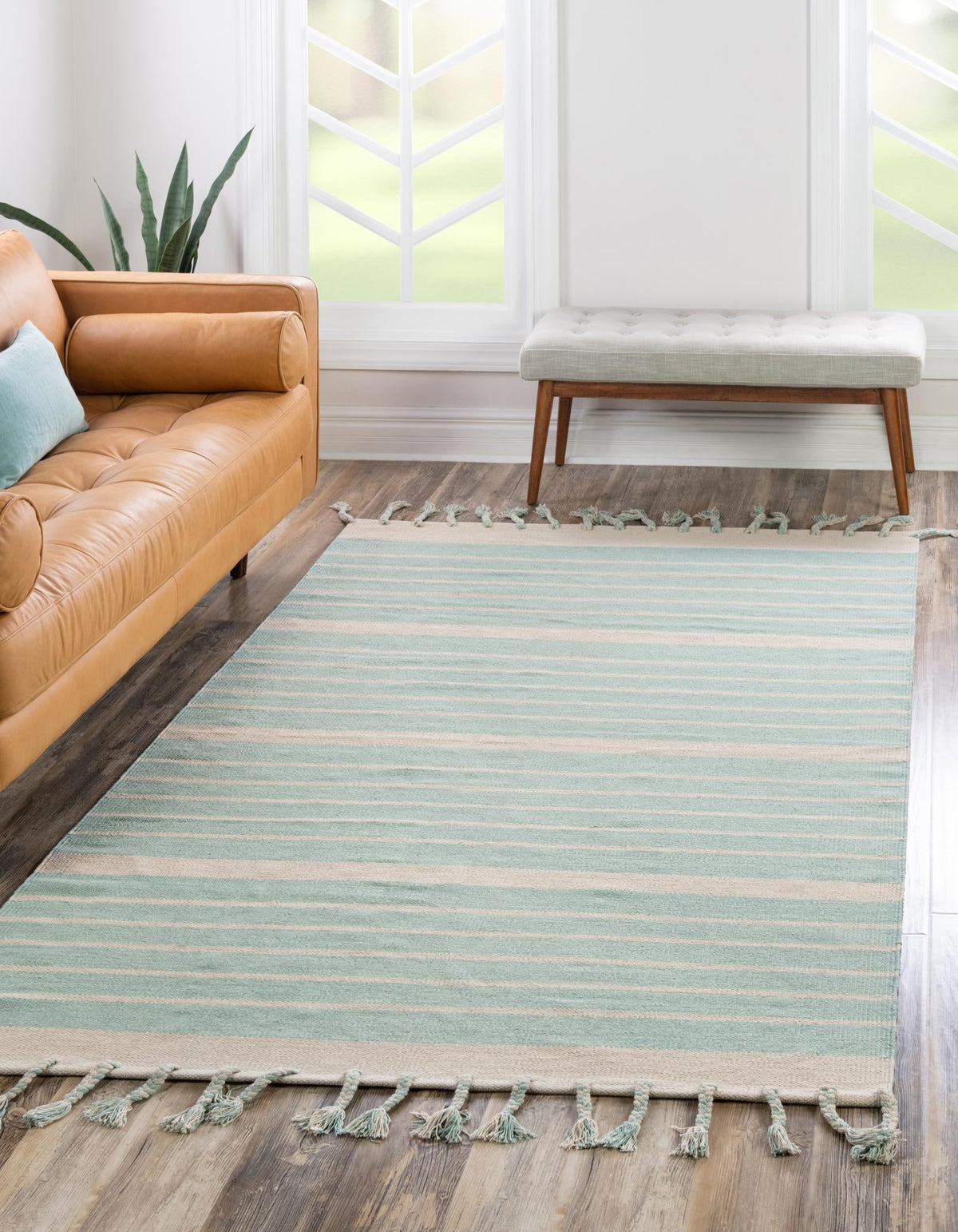 Thar Cotton Collection Area Rug - Borsh Rectangle Aqua and White  lifestyle 7