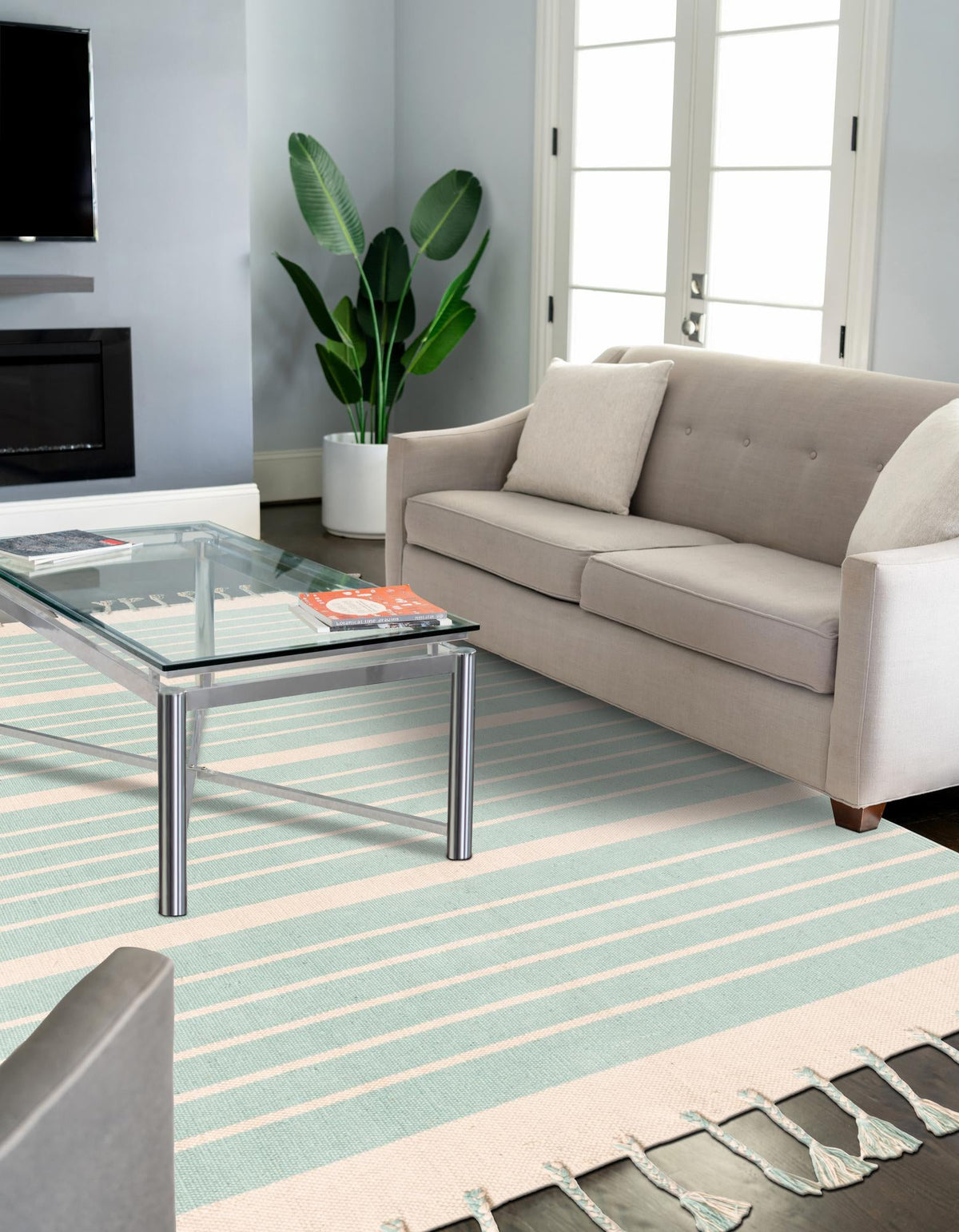 Thar Cotton Collection Area Rug - Borsh Rectangle Aqua and White  lifestyle 15
