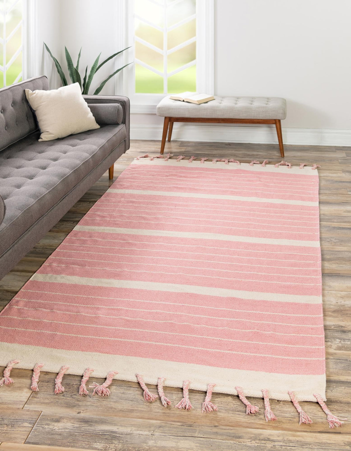 Thar Cotton Collection Area Rug - Borsh Rectangle Pink and White  lifestyle 8