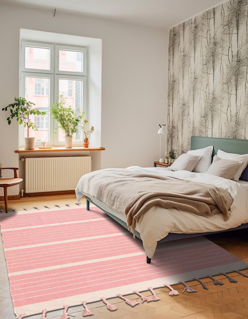 Thar Cotton Collection Area Rug - Borsh Rectangle Pink and White  lifestyle 24