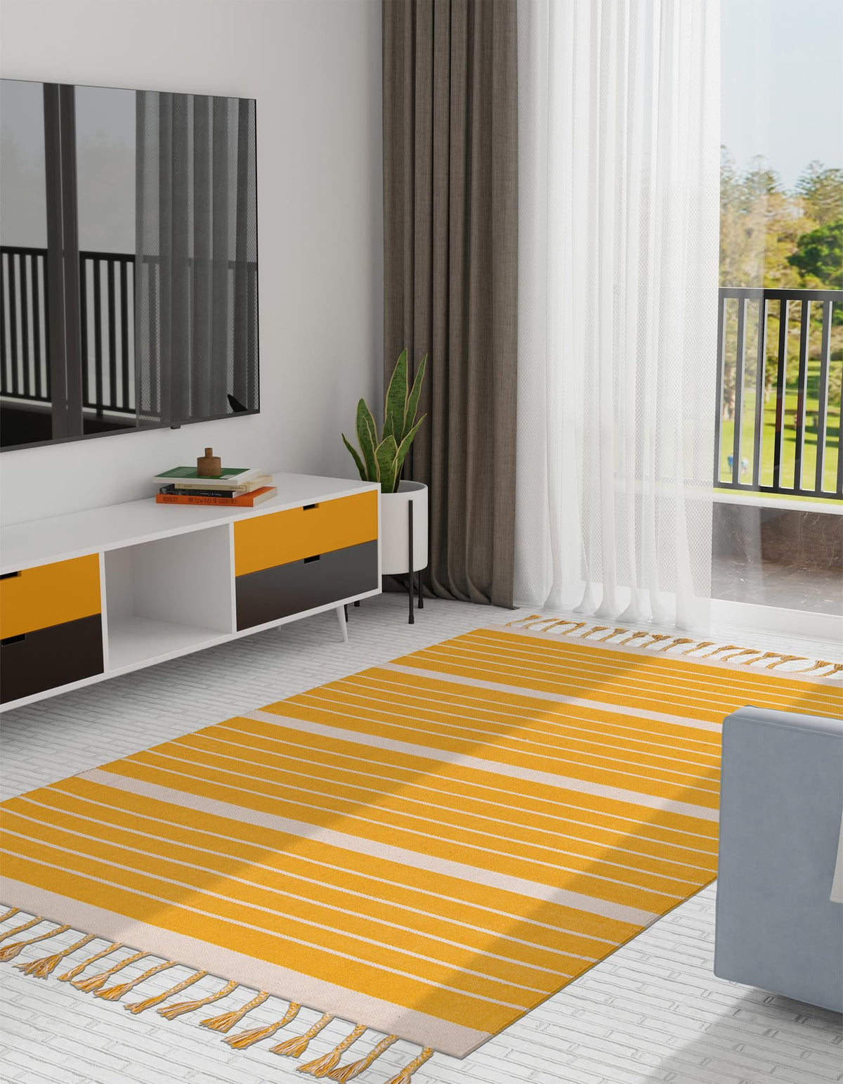 Thar Cotton Collection Area Rug - Borsh Rectangle Gold and White  lifestyle 17