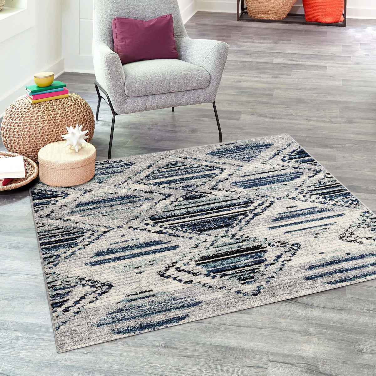 Marrakech Mosaic Collection Area Rug -  Atlas Square Blue Gray  lifestyle 55