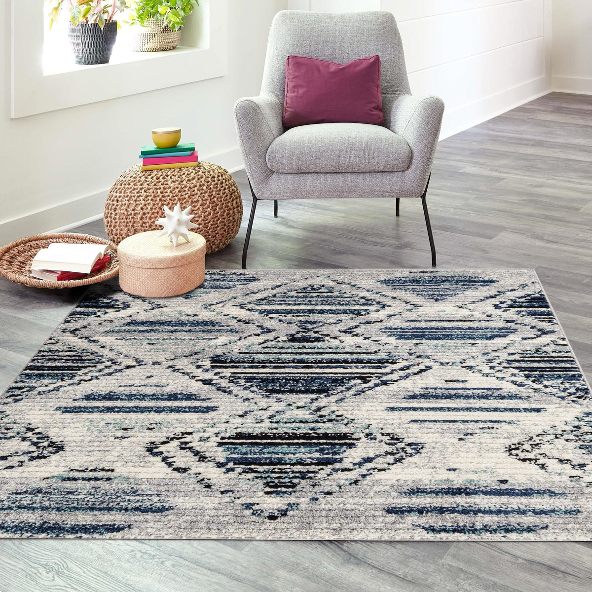 Marrakech Mosaic Collection Area Rug -  Atlas Square Blue Gray  lifestyle 57
