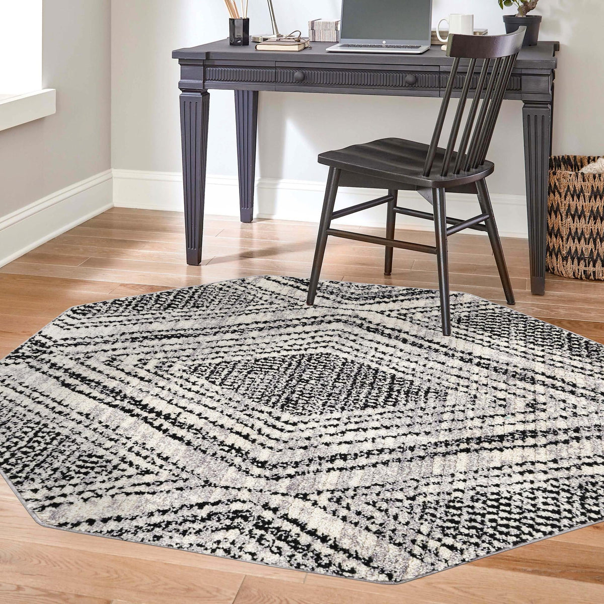 Marrakech Mosaic Collection Area Rug -  Medina Octagon Black and White  lifestyle 60