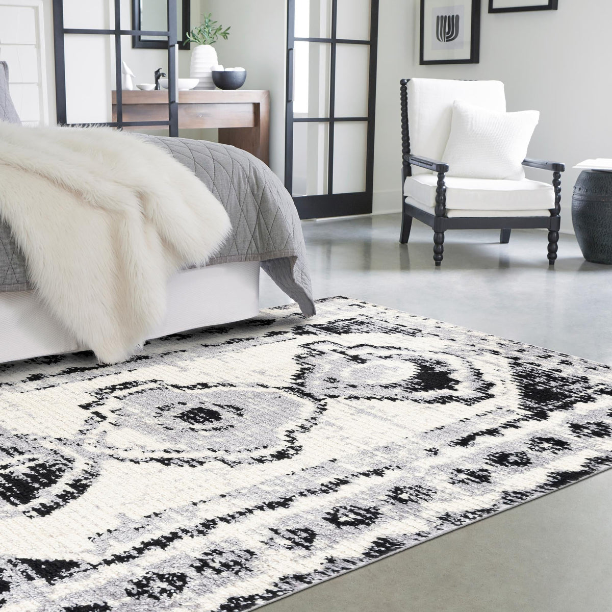 Marrakech Mosaic Collection Area Rug -  Rabat Rectangle Black and White  lifestyle 44