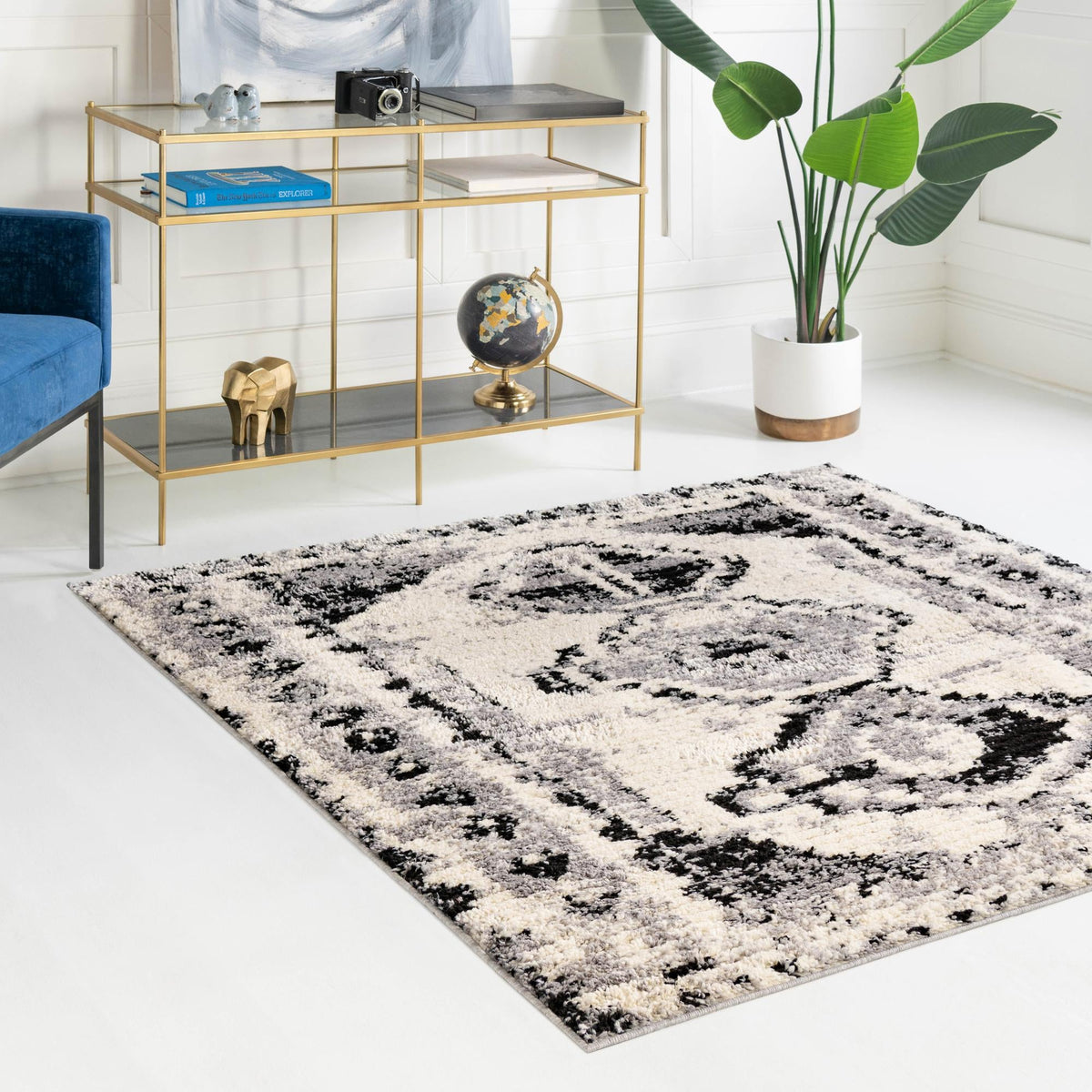 Marrakech Mosaic Collection Area Rug -  Rabat Square Black and White  lifestyle 80