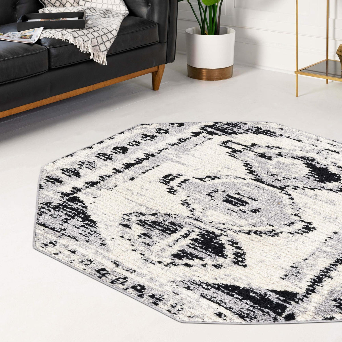 Marrakech Mosaic Collection Area Rug -  Rabat Octagon Black and White  lifestyle 100