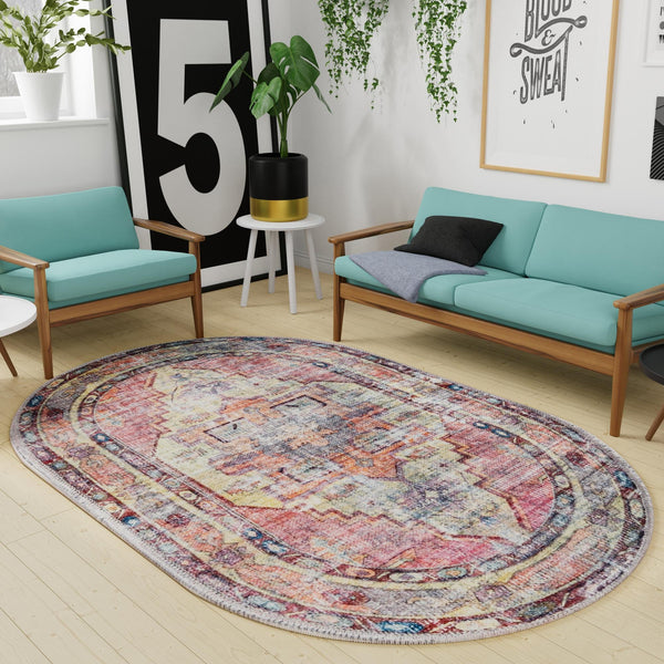 Zahara Oasis Collection Area Rug -  Rabat Oval Yellow Pink  lifestyle 94